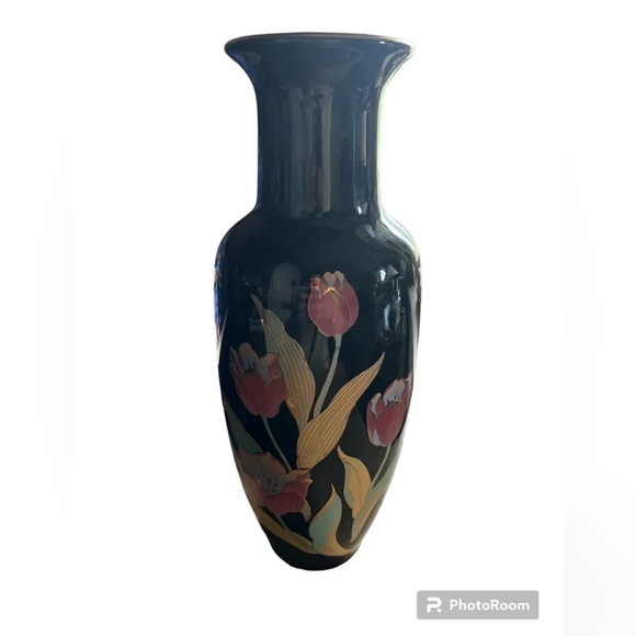 JAPANESE BLACK VASE FLORAL TULIPS MARKED BOTTOM - Picture 1 of 5